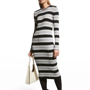 THEORY Stripped Crewneck Wool-BLEND SWEATER DRESS Black, Grey, & White Sz.L